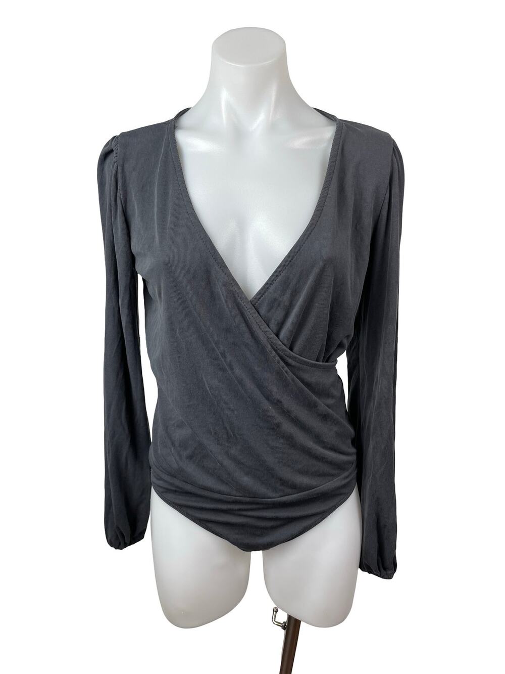 PST Women's Gray Long Sleeve Drape Faux Wrap V Neck Blouse Bodysuit Top Size M